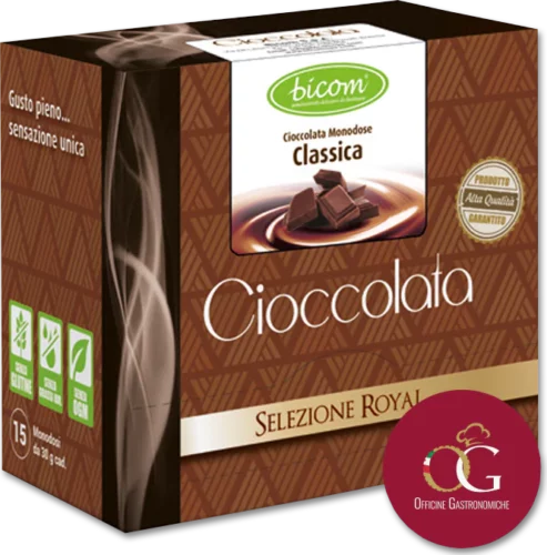 Balíček BICOM klasické horúcej čokolády 'Cioccolata Classica' z radu Selezione Royal, zvýrazňujúci ich záväzok k jednorázovým porciám a kvalite.
